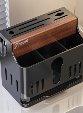 胡桃木黑色厨房刀架筷子笼一体刀具收纳盒置物架免打孔台面壁挂式