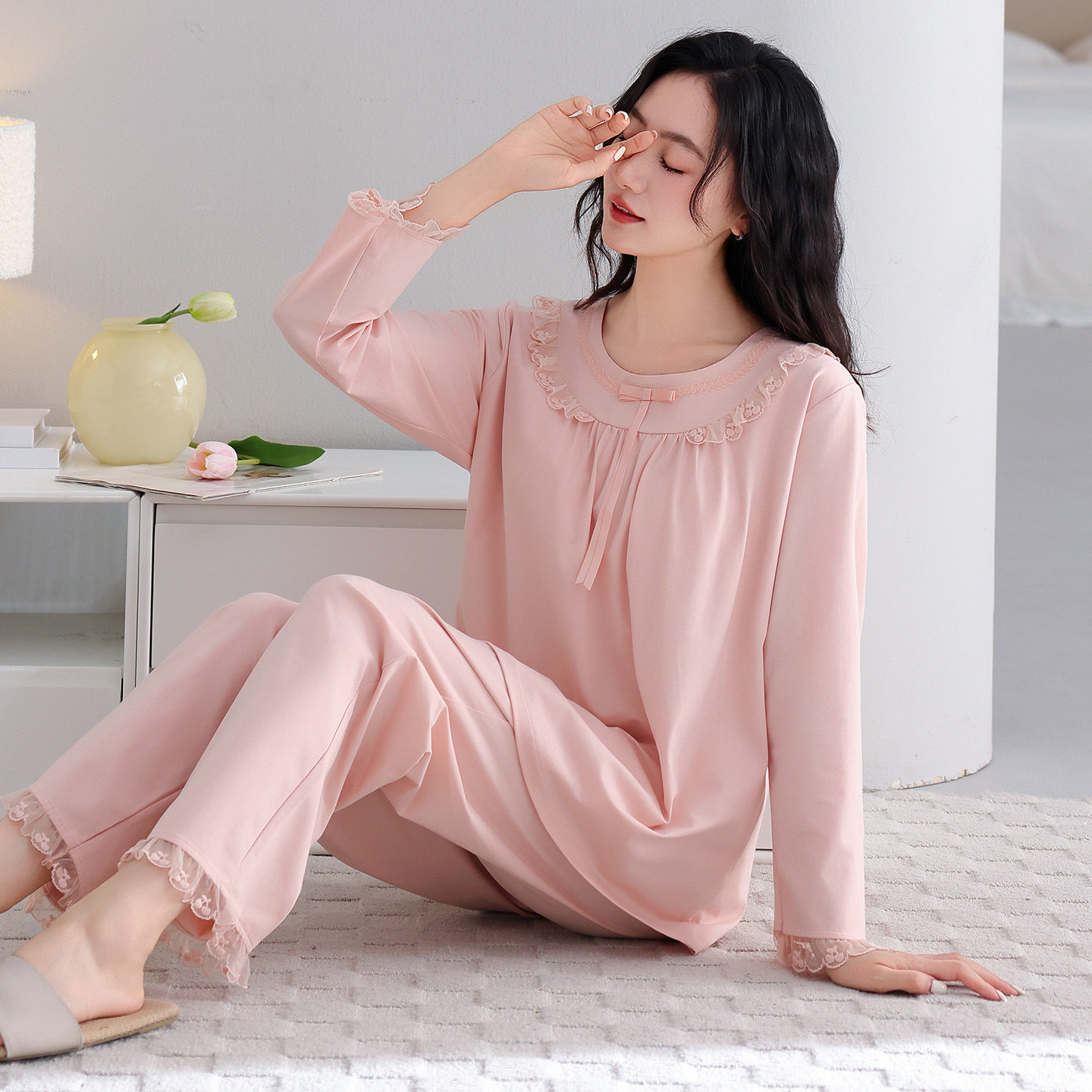 睡衣女士春秋季蕾丝法式新款纯棉长袖妈妈家居服带胸垫可外穿大码