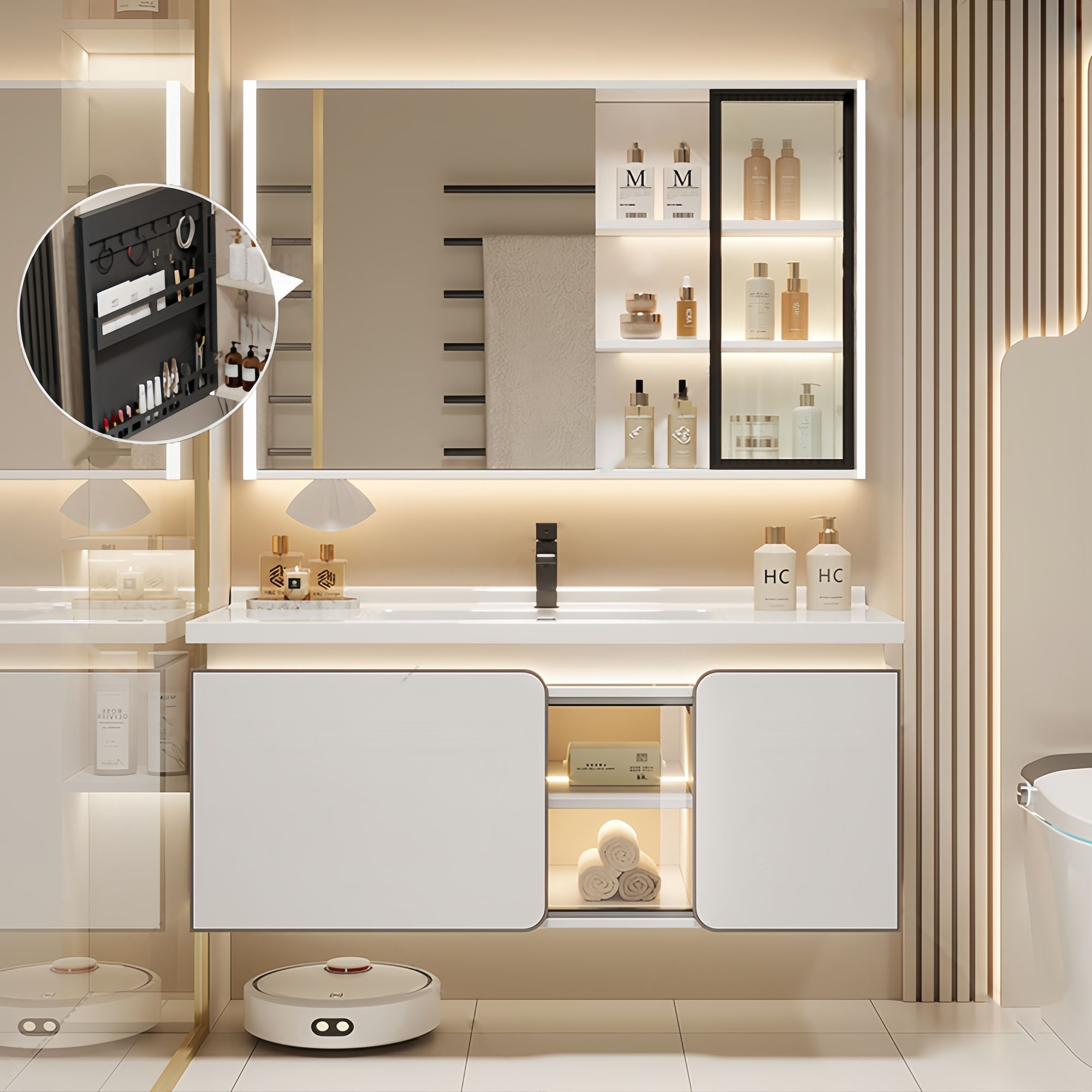 2026新款法式奶油风陶瓷一体智能浴室柜组合卫生间洗漱台洗脸盆