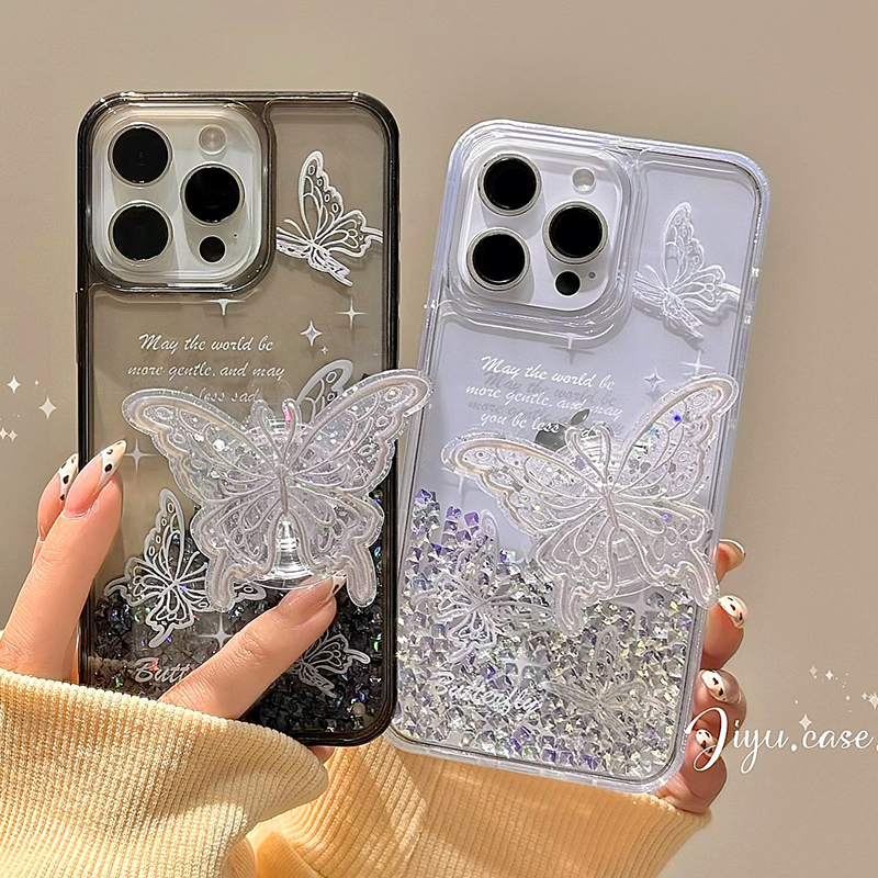 ins奢华高级感流沙钻石蝴蝶支架适用iPhone15promax手机壳苹果14新款12全包13pro女神15艺术14pro小众防摔套