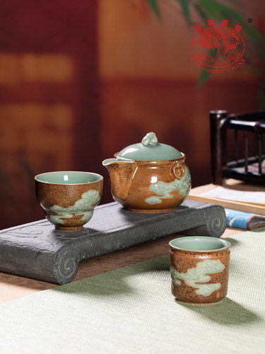 龙泉青瓷快杯一壶两杯户外茶壶手提袋陶瓷旅行功夫茶具
