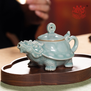 龙泉青瓷汝窑茶壶陶瓷单壶功夫茶具一人用龙龟壶泡茶家用开片可养