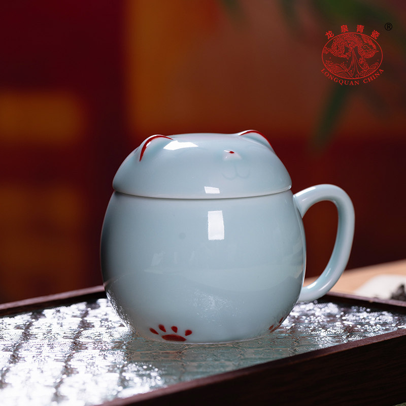 龙泉青瓷招财猫茶杯陶瓷水杯咖啡杯办公室泡茶杯可爱女士创意杯子