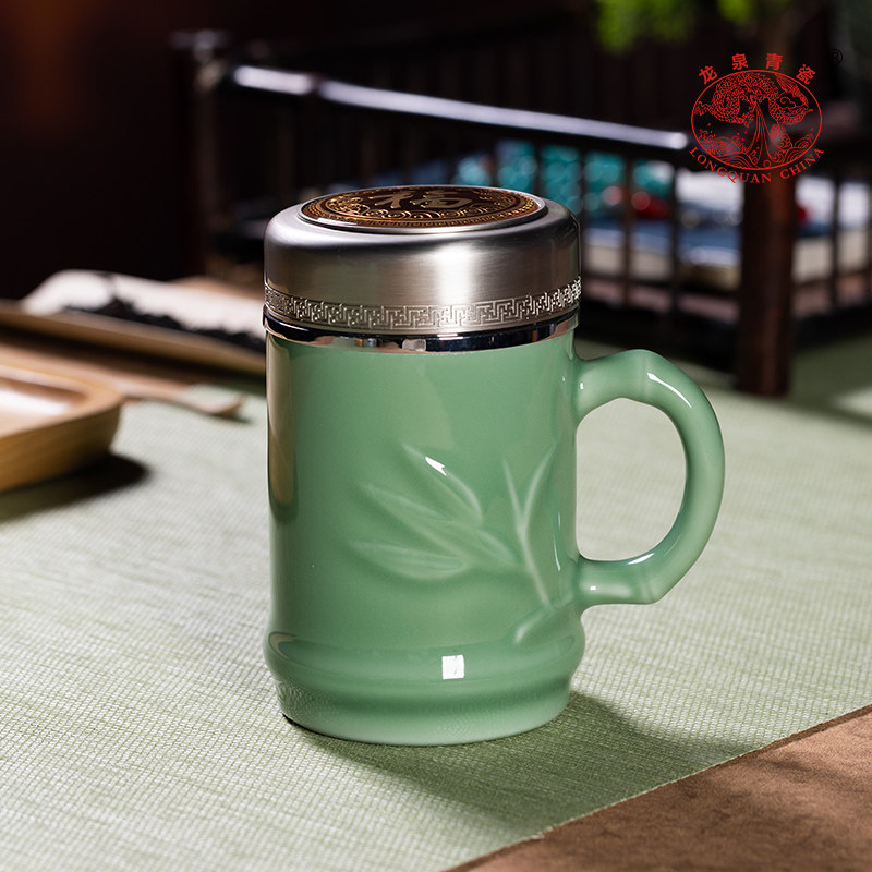 龙泉青瓷保温杯男泡茶杯不锈钢内胆茶水分离大容量水杯带手柄可携