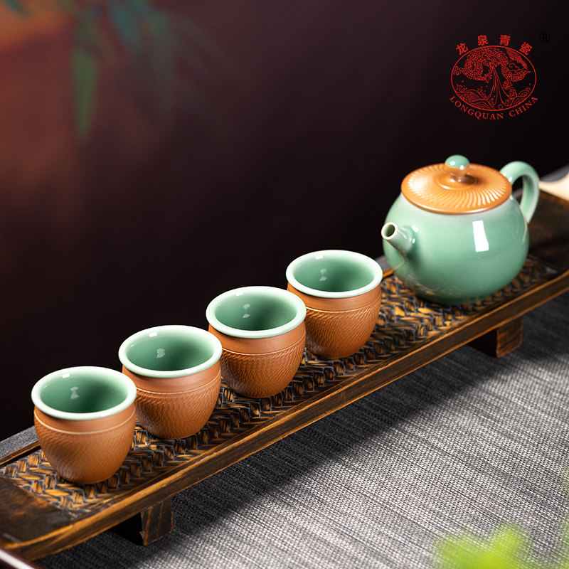 龙泉青瓷一壶四杯跳刀茶具套装家用功夫茶杯轻奢高档陶瓷茶壶组合