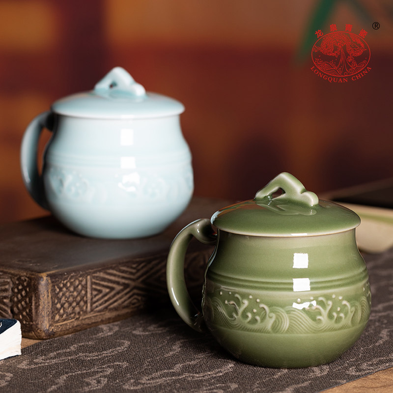 龙泉青瓷办公室陶瓷带盖水杯中式泡茶杯马克杯个人专用会议杯子,餐饮具,马克杯,淘宝优惠券,粉丝福利购,淘宝优惠卷