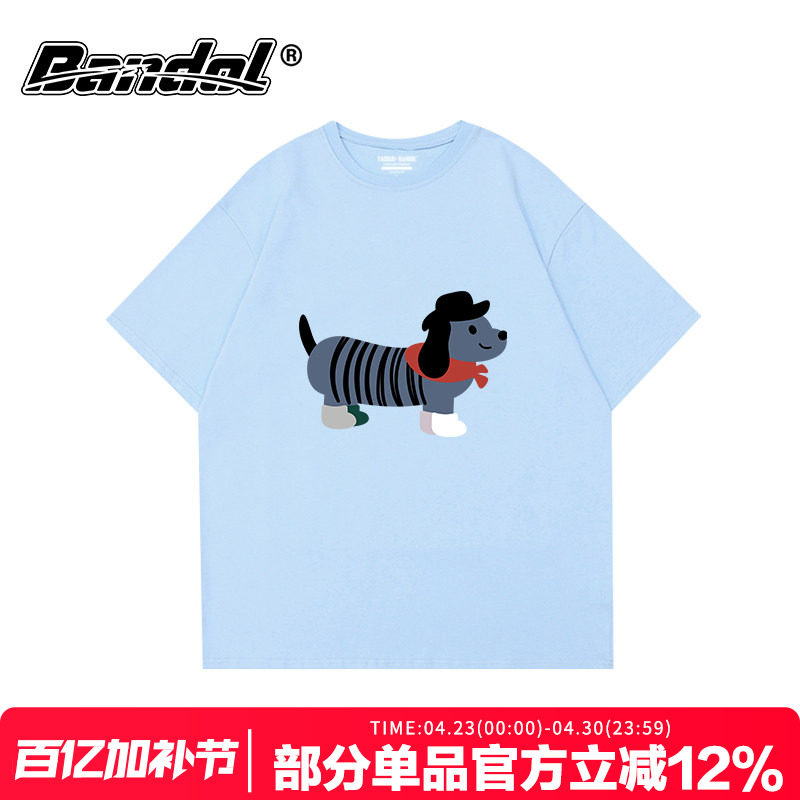 chic韩系可爱学院风卡通狗狗印花奶蓝色短袖t恤女宽松正肩上衣夏