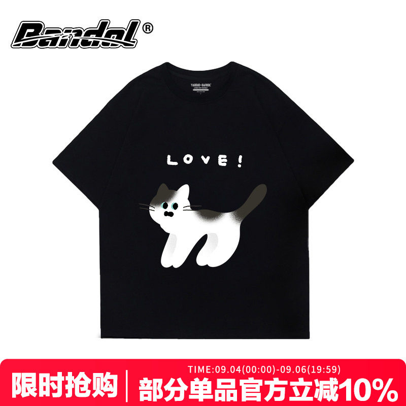 日系ins简约风猫咪印花黑色短袖t恤女chic小众显瘦大码正肩半袖夏