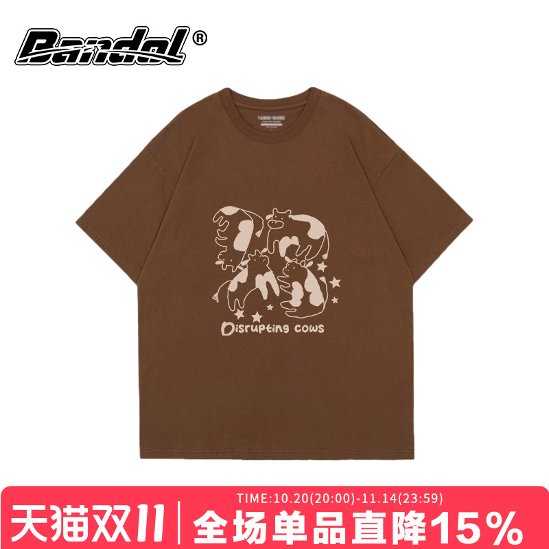 韩版ins简约可爱风奶牛卡通印花咖啡色圆领短袖t恤女百搭大码半袖