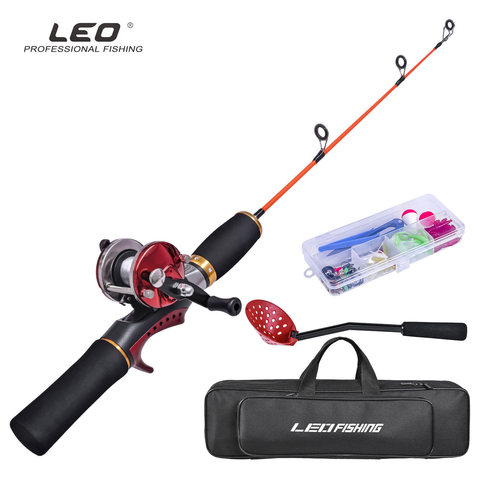 28203 LEO/乐欧【50cm红色冰钓竿套装】硬调鼓轮拟饵套装筏钓渔具