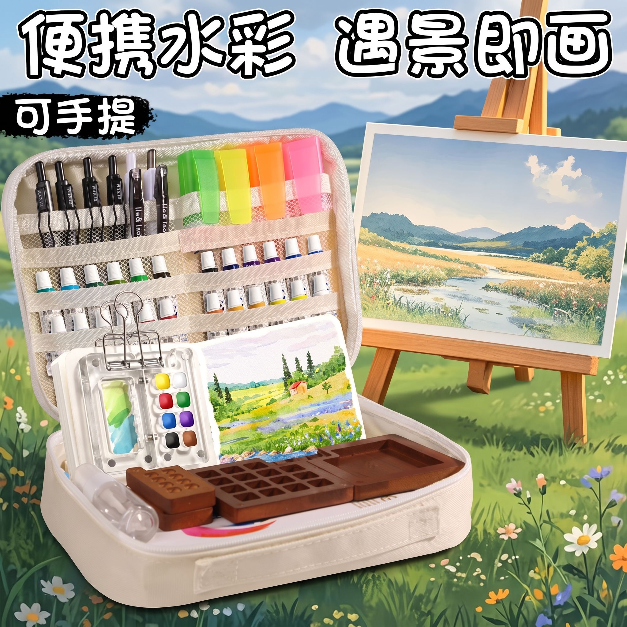 随身旅行迷你水彩全套工具胡桃木