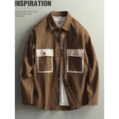 美式高品质撞色口袋工装衬衫男春秋潮牌外穿宽松翻领长袖衬衣外套