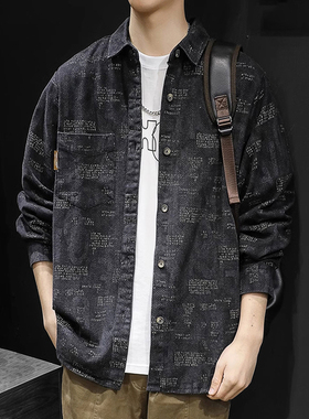 春秋男士衬衫高级感字母印花休闲外穿时尚百搭痞帅长袖黑色衬衣潮