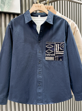 口袋印花设计感复古宽松时尚男士长袖休闲衬衫春秋季美式潮牌衬衣