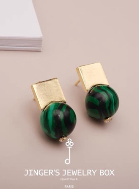 jinger法国原创设计师小众高级感天然孔雀石复古绿色耳钉耳环