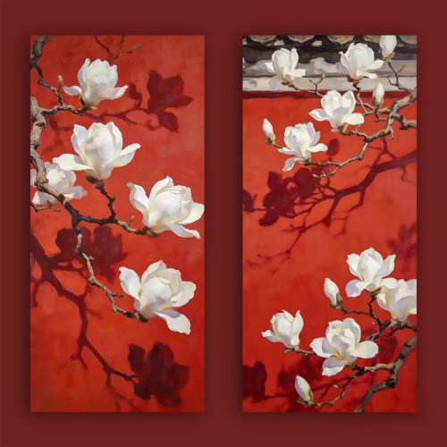 数字油画手工diy填充画入户玄关背景墙装饰挂画玉兰花开客厅油画