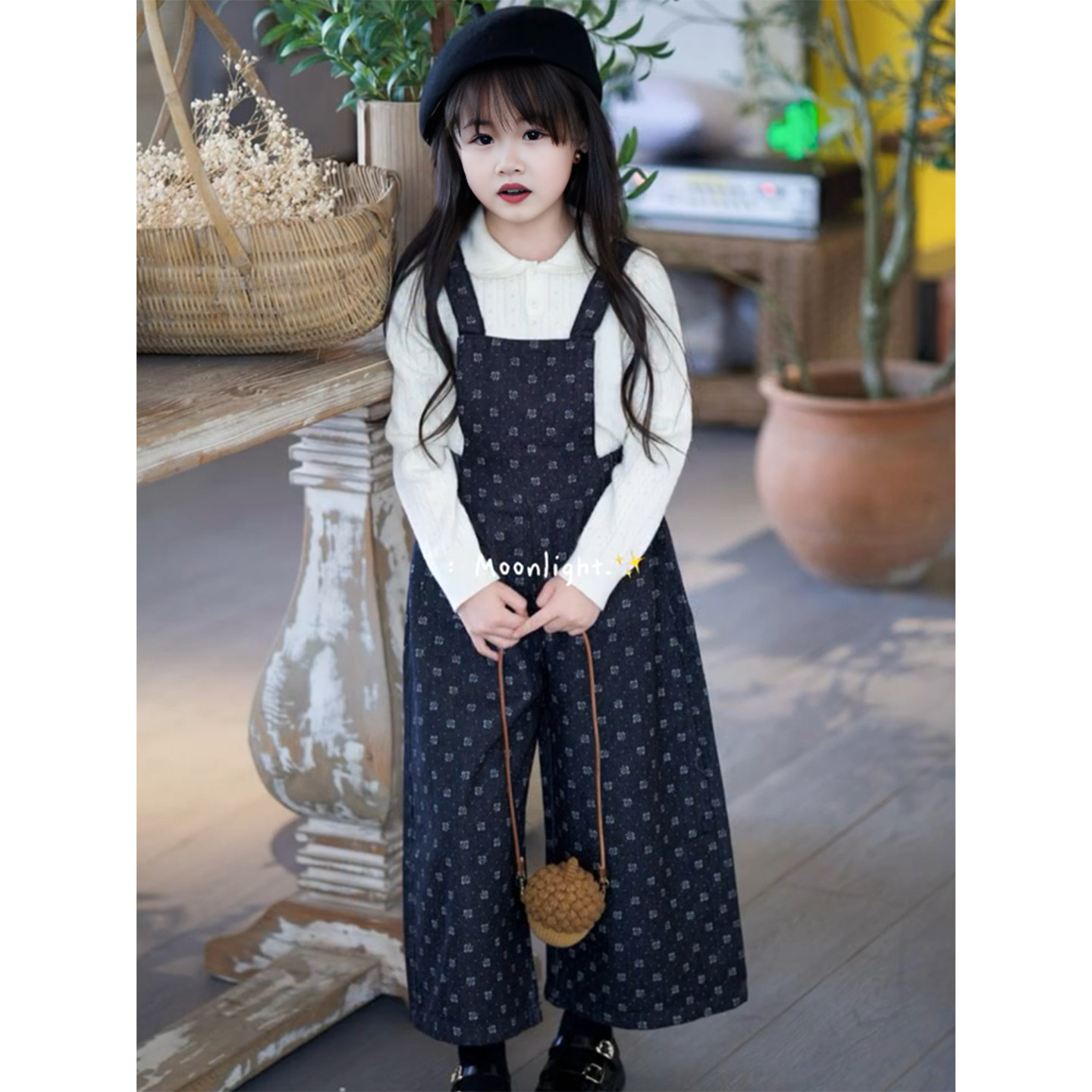 女童2025新款秋冬套装儿童牛仔直筒高腰阔腿背带裤女孩针织打底衫