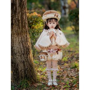 女童2025冬套装新款加绒加厚长袖衬衫儿童背带短裤子保暖时髦斗篷