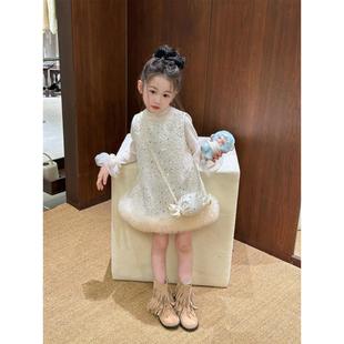 女童秋套裝 兒童衣服小女孩生日禮服背心輕奢風亮片連衣裙 2025新款