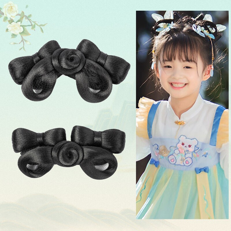 古装汉服造型假发新款女童小号发包发髻春晓双儿童蝴蝶结古风走秀