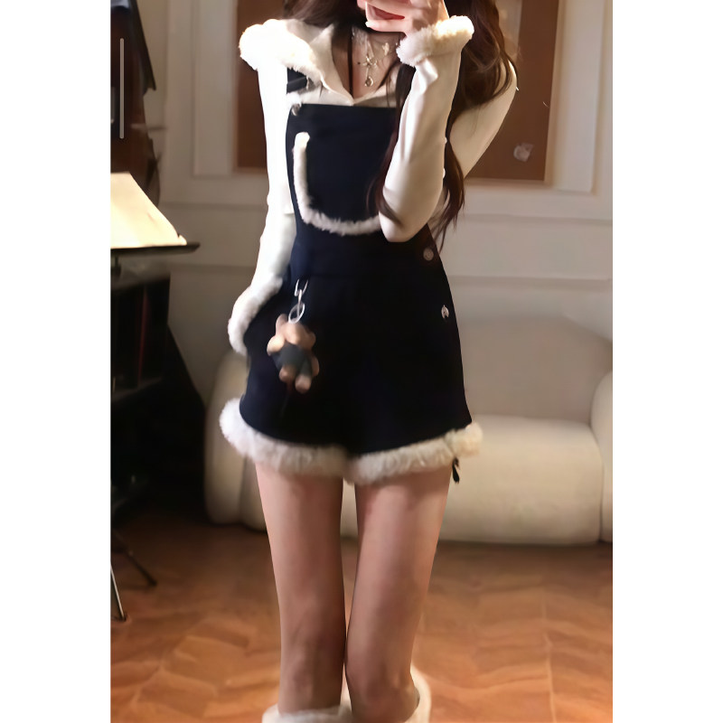 美式复古水洗毛绒拼接背带短裤女春秋新款时尚辣妹设计感修身裤子,女装/女士精品,休闲裤,淘宝优惠券,粉丝福利购,淘宝优惠卷