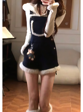 美式复古水洗毛绒拼接背带短裤女春秋新款时尚辣妹设计感修身裤子