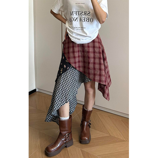 美式复古撞色不规则半身裙女春秋街头时尚设计感碎花拼接中长裙子