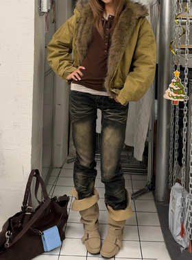 美式复古做旧水洗牛仔裤女冬新款街头古早辣妹修身时尚亚比直筒裤