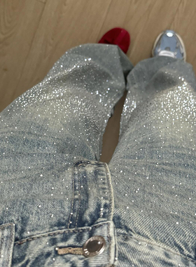 爆闪烫钻牛仔裤女2025高腰显瘦直筒阔腿裤满天星拖地长裤阔腿裤