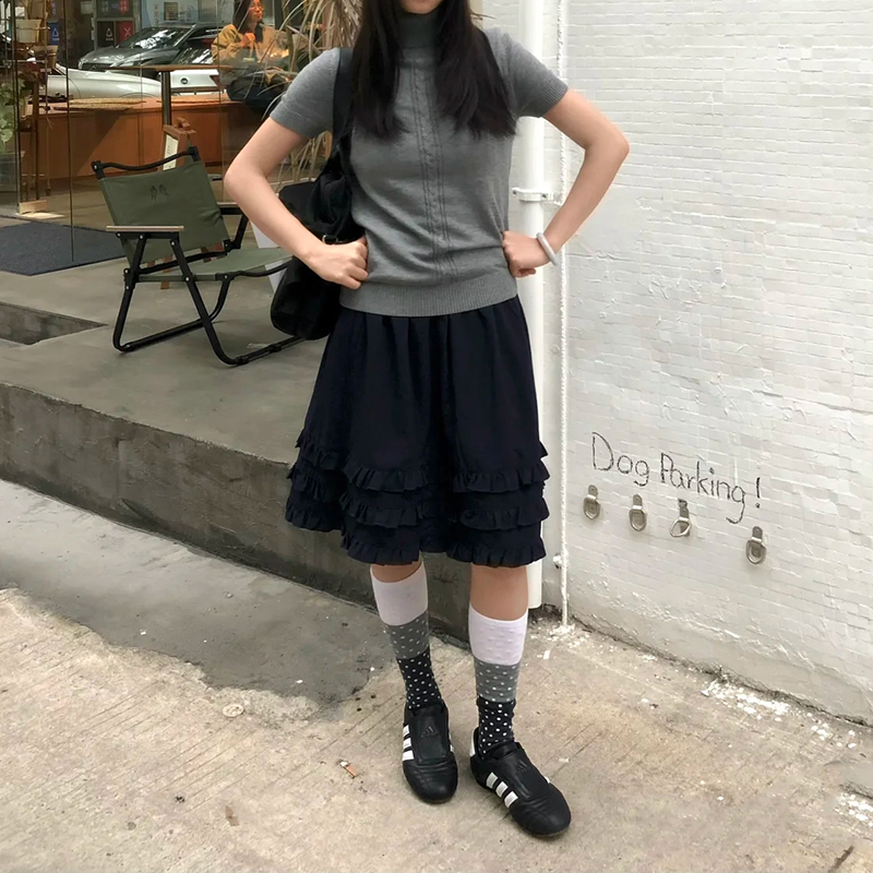 日系小众荷叶边a字半身裙黑色蛋糕裙中长裙高腰小个子mmA字中裙