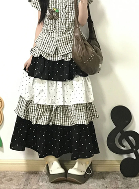美式复古小众波点蛋糕裙女秋冬层次设计感拼接潮流好看半身裙长裙