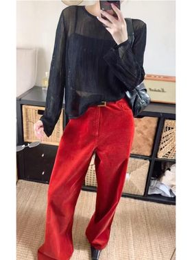 韩系慵懒松弛感红色灯芯绒休闲裤女秋冬时尚宽松显瘦阔腿拖地长裤