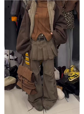 美式复古秋冬宽松显瘦棕色长裤辣妹设计感百褶屁帘拼接假两件裙裤