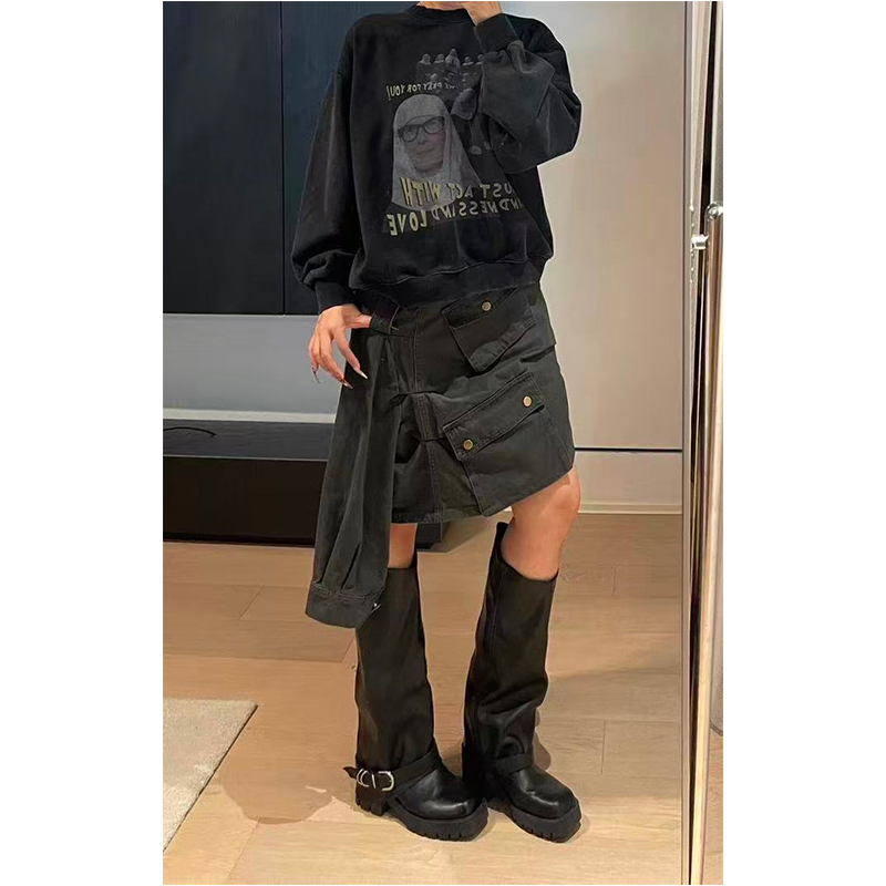 美式复古口袋不规则秋冬半身裙女