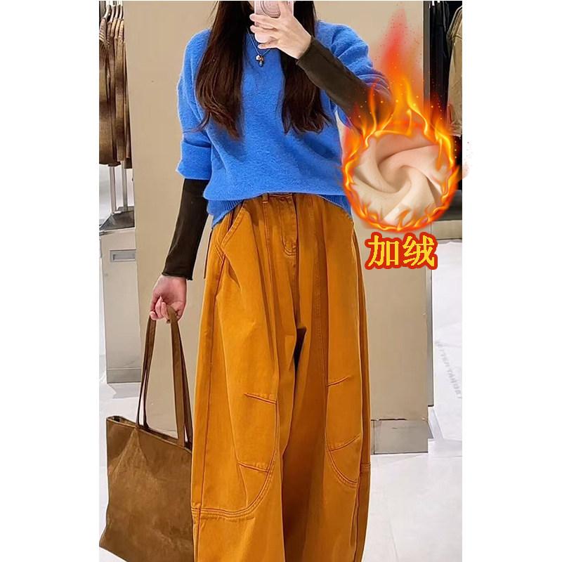 街头复古橘色弯刀牛仔裤