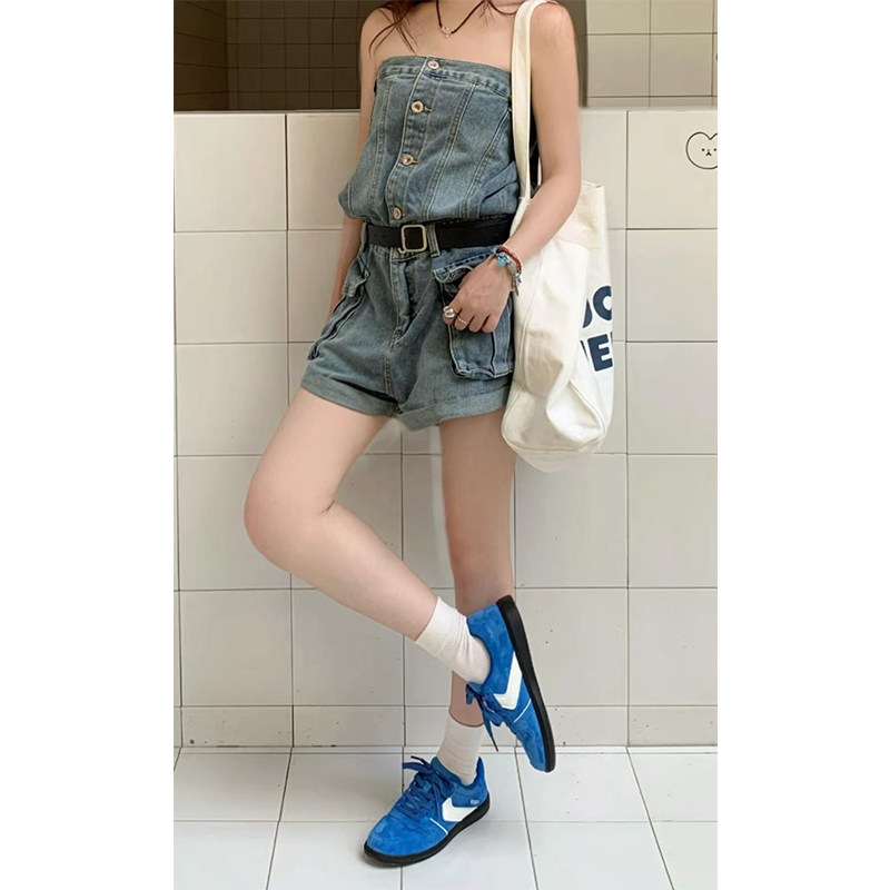 美式复古蓝色修身显瘦牛仔背带裤图片