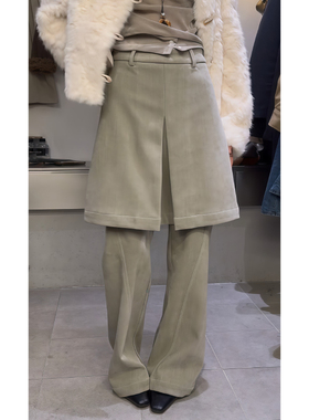 美式复古做旧屁帘毛呢裙裤女冬新款开衩裙子拼接宽松慵懒风阔腿裤