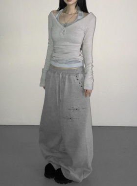美式复古烫钻铆钉灰色休闲裤女冬新款辣妹抽绳设计感跳舞阔腿卫裤