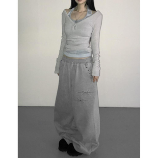 辣妹抽绳设计感跳舞阔腿卫裤 女冬新款 复古烫钻铆钉灰色休闲裤 美式