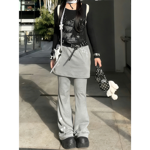 叠穿显瘦阔腿裤 美式 宽松时尚 女冬新款 子 复古灰色屁帘印花休闲裙裤