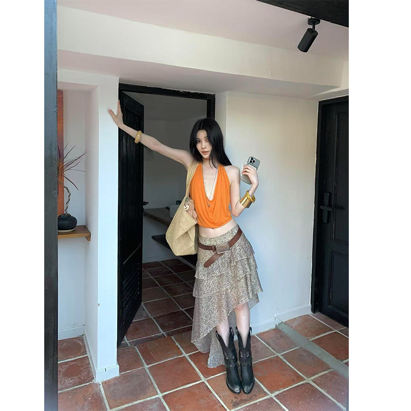 美式复古豹纹不规则半身裙女2025年早秋女士新款设计感小个子短裙
