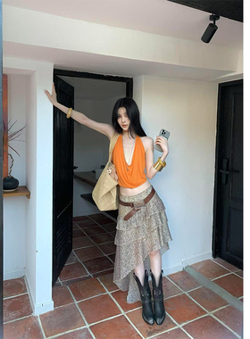 美式复古豹纹不规则半身裙女2025年早秋女士新款设计感小个子短裙