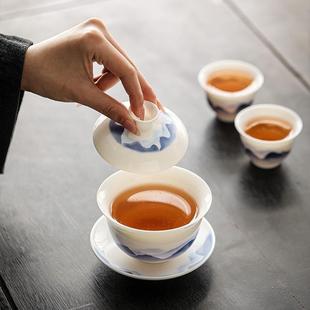 瓷水墨才盖碗家用三陶瓷泡茶碗高薄胎端功夫茶 几化欢德羊脂玉白