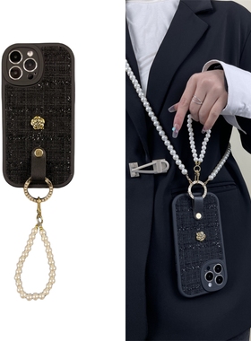 黑色山茶花华为mate60pro+斜挎手机壳适用nova12硅p胶9防8摔7女6新5款4高3级11感2奢1华0全g包s超e薄情侣