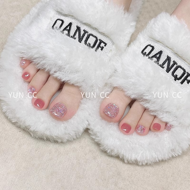 粉柚亮片手工脚指甲贴片2024新款穿戴甲脚趾甲美甲显白高级感