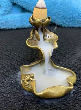 纯铜荷叶莲花倒流香摆件 实心铜青蛙荷花池塘意境香架香托铜茶宠