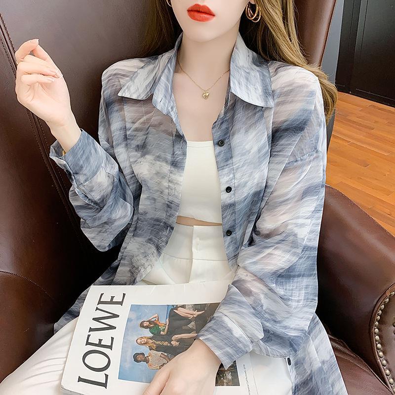 女夏季2025新款薄款开衫外套扎染洋气长袖外搭雪纺衬衫时尚防晒服