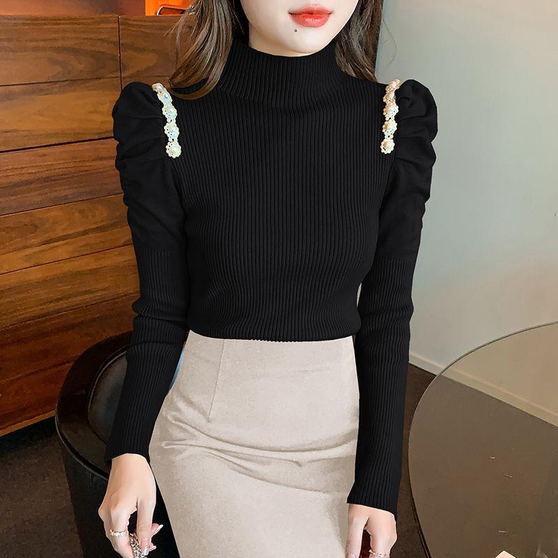 针织打底衫女秋冬新款半高领钉珠泡泡袖毛衣欧货别致内搭上衣高贵