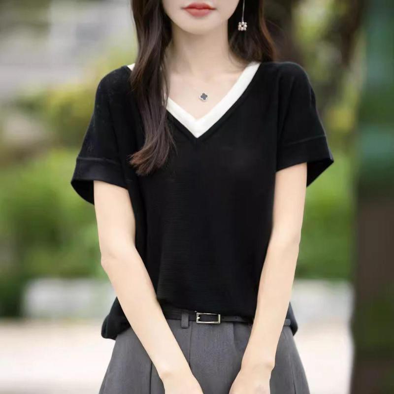 莱赛尔天丝假两件v领短袖女夏薄款飞机袖百搭条纹撞色仿真丝上衣