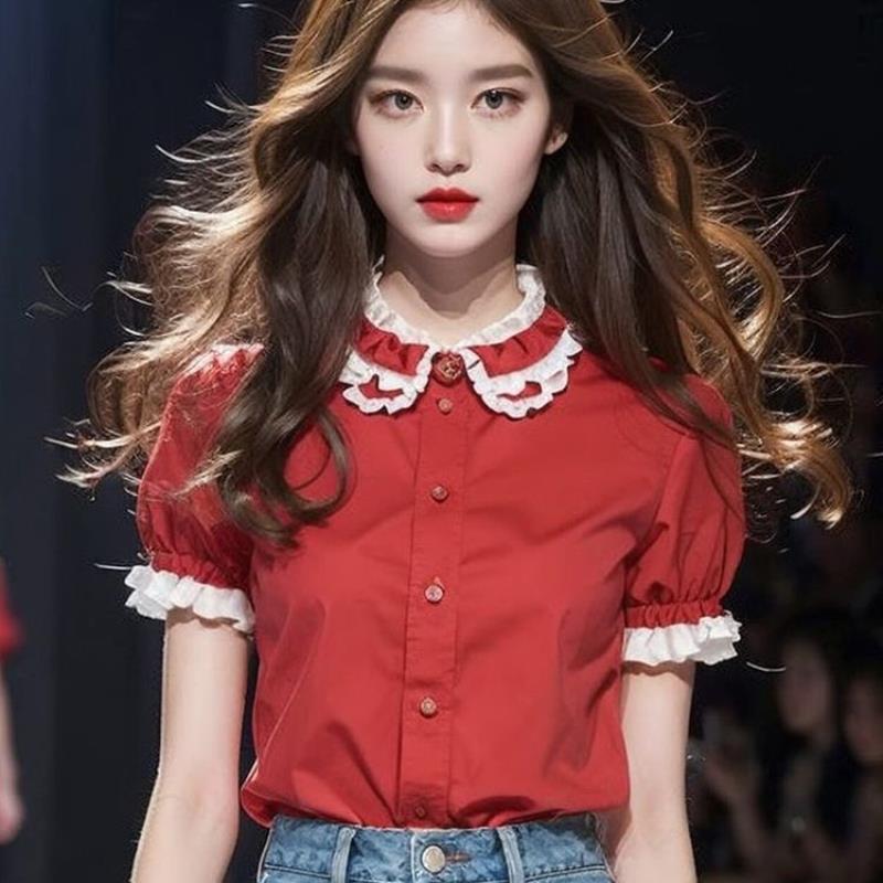 夏季时尚小众独特上衣女2025年新款红色娃娃领撞色衬衫超好看